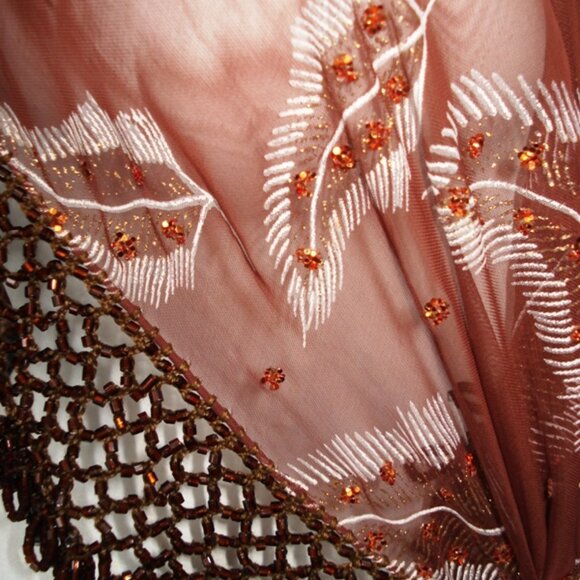 Heavy Beaded Shawl, Leaf Design, Brown Rust Color Rhinestones, Ladies Wrap Scarf - Picture 9 of 10
